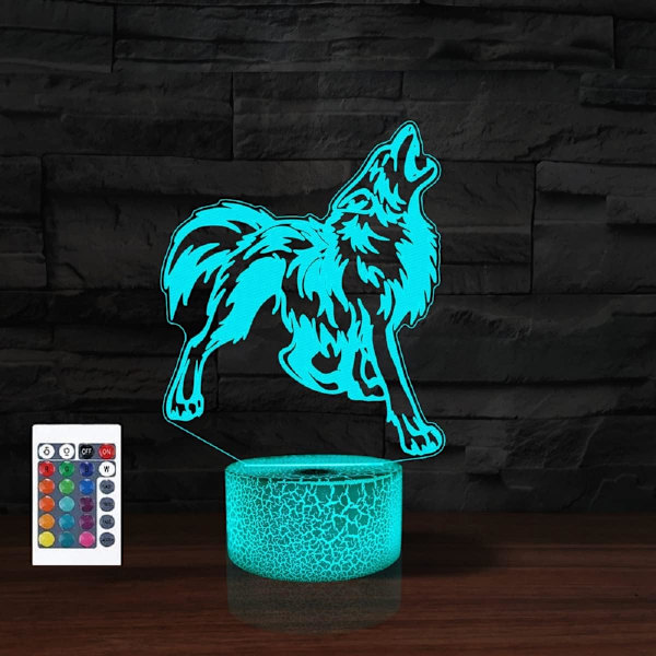 WJ 3D Cartoon Wolf Fjernbetjening 16 Farve Natlys Illusion Akryl LED Bordlampe Sengelampe Børns Soveværelse Skrivebordsdekoration Fødselsdagsgaver Legetøj