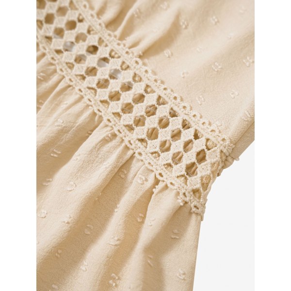 Kvinders Sommer Solid Farve Puff Korte Ærmer V-Hals Elastisk Talje Swing Ruffle A-Linje Midi Kjole (Aprikos S)