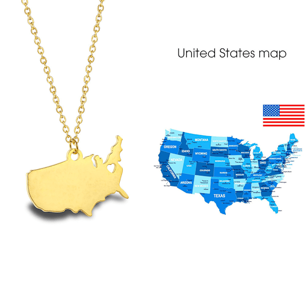 1 stk. USA-kort halskæde, Nordamerika land topografisk kort vedhæng, titanium stål damer kraveben kæde tøj tilbehør（guld）
