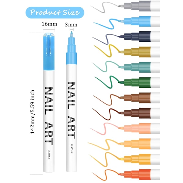 12 Färger 3D Nagelkonst Pennor Set, Kalolary Nagel Pennor Nagel Punkt Graffiti Prick Penna Ritning Målning Liner Borste för DIY Nagelkonst B