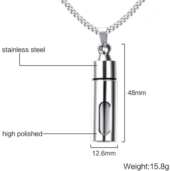 AVEKI Glasbehållare i rostfritt stål Urna Minnesak Kremering Ashes Memorial Halsband för män kvinnor 1* hänge, silver