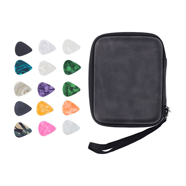 Guitar Pick Bag Sæt Celluloid Picks Opbevaringspose Holder Etui PU Læder til Instrument Tilbehør Sort