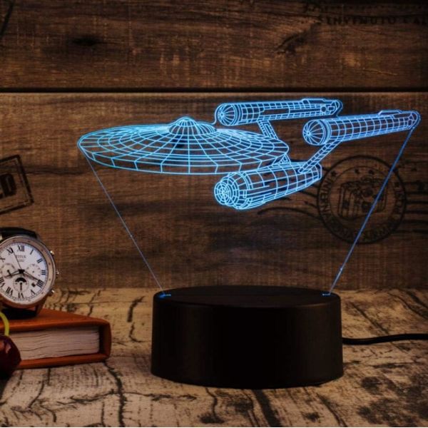 WJ 3D Illusionslampa Rymdskepp Stämningslampa 7 Färgväxlande Akryl LED Nattlampa USB-kablar Sovrumsskrivbordets Dekoration luftskepp
