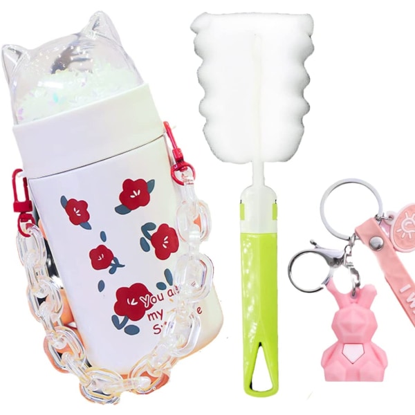 Flickflaska för flickor till skolan, glittrande rostfritt ståltermos med kattpaljetter, lock med kristallrem, födelsedagspresent (blomvit, 280 ml)