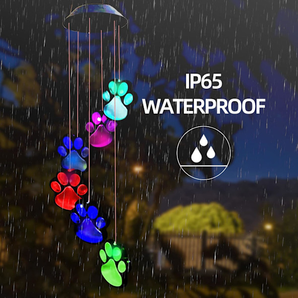 Solcelled vindklokker med pottefot for utendørs, hundekatt kjæledyr pottefot minne vindklokker, vanntett fargeskiftende solcelledrevet hengende lys