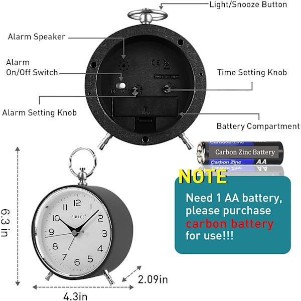 SAYTAY Analog Klocka Larm Klocka Icke Ticking med Nattljus Snooze Funktion Tyst Rund Retro Batteridriven Crescendo 4 tum Liten Enkelt Design Tabl