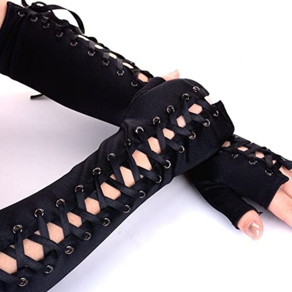 AVEKI Fingerlösa handskar för kvinnor Armbåge Snörning steampunk Kostym Armvärmare, Satin Black