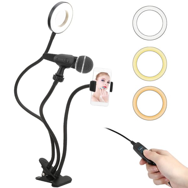 USB LED Ring Fill Light Lampe med Telefonholder Mikrofonclips til Live Streaming