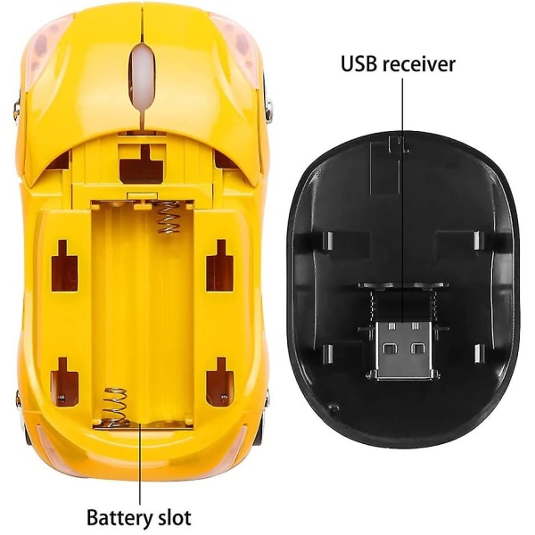 2.4 GHz trådløs mus kul 3D sportsbil form ergonomisk optisk mus med USB-mottaker for PC bærbar datamaskin kvinner små hender (gul)