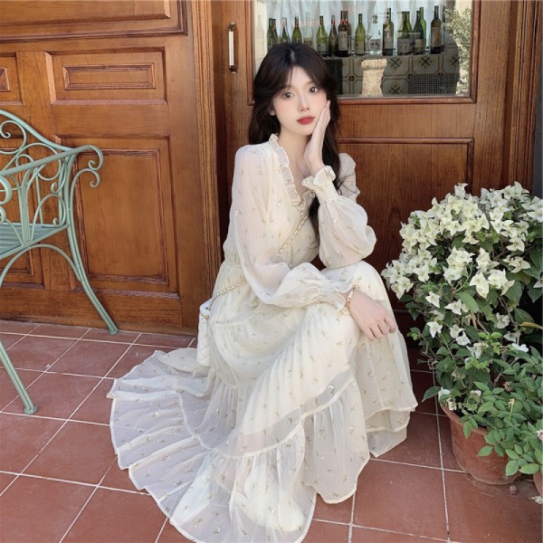 Kvinde Langærmet Fashionable Wave Dot Trykt Chiffon Kjole Temperament Fritid Ferie(L)
