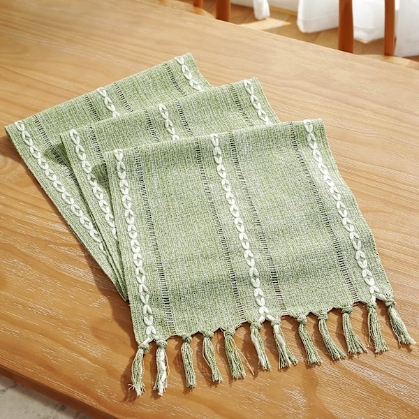 Rustik Landhus Stil Linnedug, Boho Håndlavet Kvaster Broderet Dug 60 Tommer Lang til Feriefest, Jul Hemstitched Sage Green 13"W X 60"L