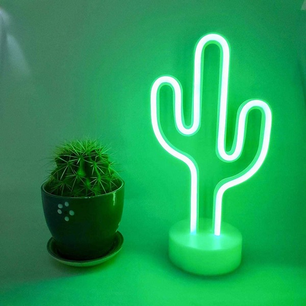 Gröna kaktus neonljusskyltar LED kaktus neonljus Nattljus med piedestal Rumsdekor Batteri/ USB drift Kaktuslampor Neon