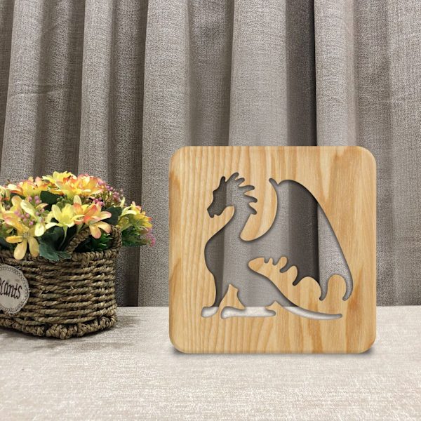Nattlampa med dinosaurie i trä, 3D-lampa, kreativ trälampa, enkel dekorativ lampa, 3D-träskärningsmönster, LED-nattlampa för skrivbord