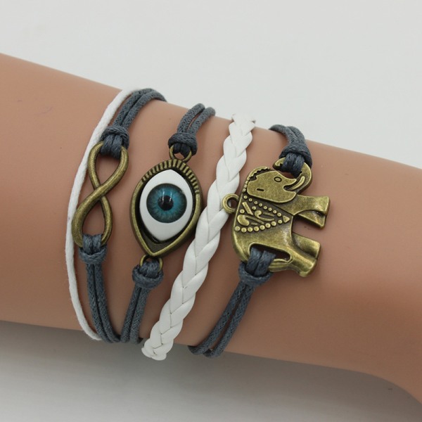 Flätat läderarmband med elefant och ont öga, armband med flera kombinationer