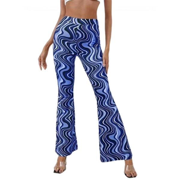 AVEKI Dame Print Elastiske Højtaljede Flare Leg Bell Bottom Bukser, Blå, XL
