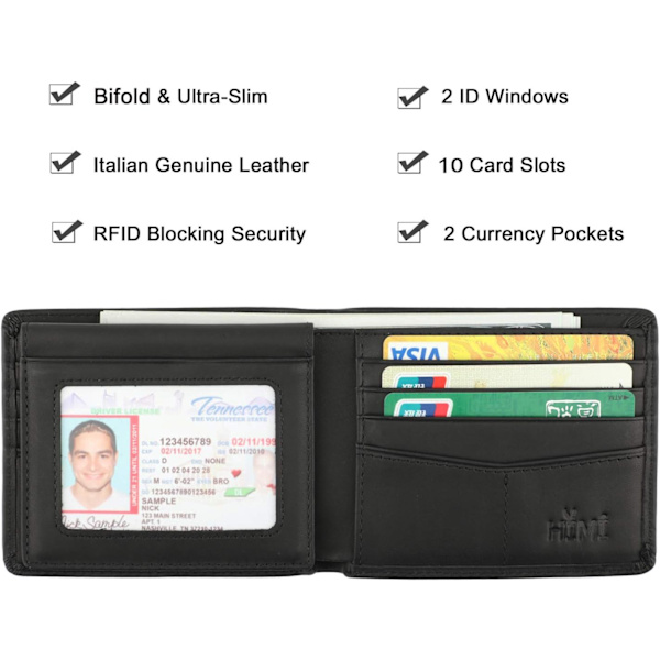 Plånbok för män - Äkta läder RFID-blockerande elegant plånbok med 2 ID-fönster