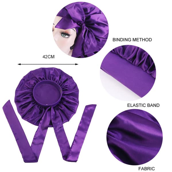 Sæt med 3 satin-sovehætter - Damehårhætte elastisk bred bånd hat med justerbar silke nathat hårtab cap til salon søvn spa, sort