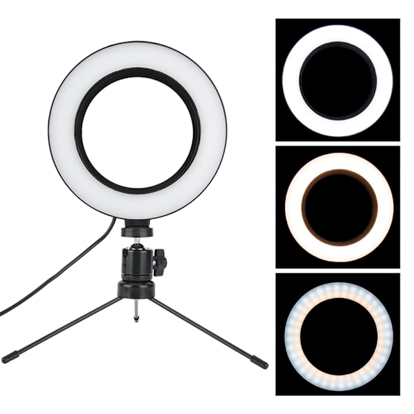 6 tum 3-läges dimbar USB LED-videoringljus smink live-belysningskit med skrivbordsstativ