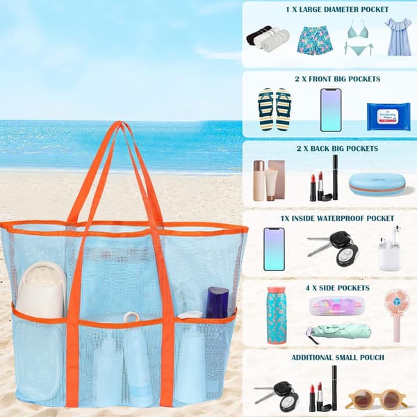 Mesh Strandväska, Stor Vikbar Poolväska - Lätt Strand- & Simväska för Handdukar, Flaskor & Solglasögon - Ventilerande Snabbtorkande Design