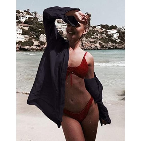 Kvinder Langærmet Strandskjorte Bluser Turn Down Krave Badetøj Cover Ups, G-sort