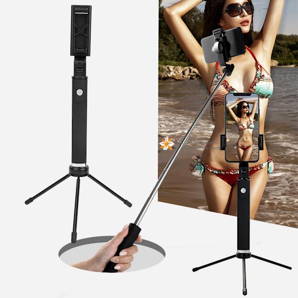 2 i 1 Bärbar 360° Rotation Bluetooth Selfie Stick Skrivbordsstativ med Spegel