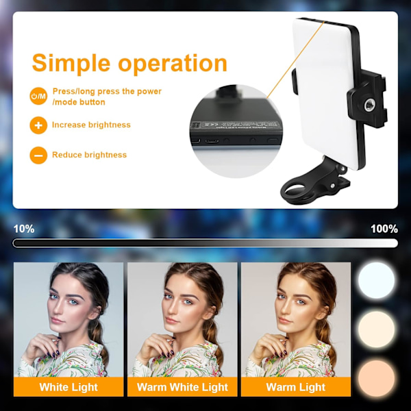 Selfie Lys, 60 LED Telefonlys, Lys 2000Mah Genopladelig Clip Video Lys, 10-Niveaus Lysstyrkejustering, CRI 95+, 3 Lys Tilstande white