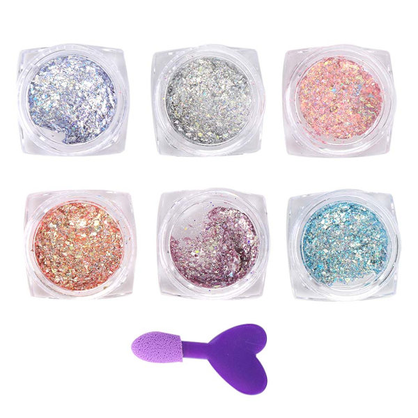 6 färger nagelkonst glitterpulver nagel DIY dekoration paljetter manikyrverktyg med borste