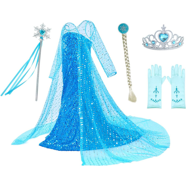 Luksuriøse Prinsessekjole Kostumer Med Skinnende Lang Kappe Piger Fødselsdagsfest 4-5 Years Blue