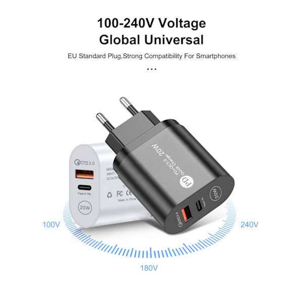 Ny PD12W mobiltelefonlader 5V2.4A ladehode type-c PD ladehode europeisk og amerikansk britisk standardadapter svart