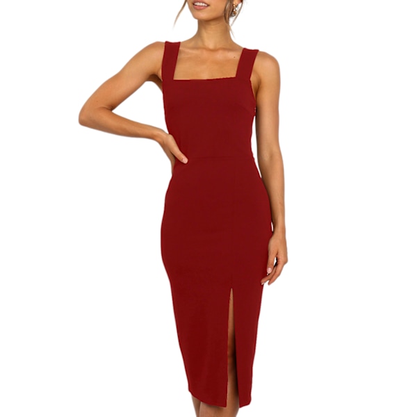 Kvinnors sexiga split lår tank klänning bodycon fest sommarklänningar (vinröd XL)