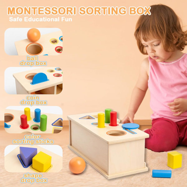 Montessori Leksaker för Bebisar 6-12 Månader - Objektpermanenslåda, Träbollssläpp, Montessori Leksaker för 1, 2, 3-åringar