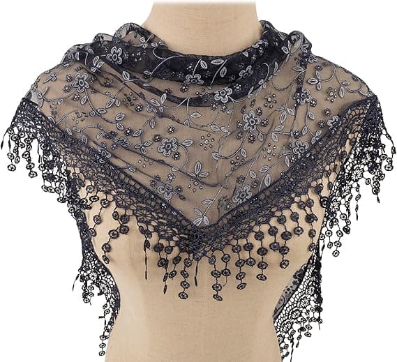 Lätt Mjukt Lövspetsfringes Triangulär Blommig Mode Handduk Halsduk Wrap för Kvinnor, Marinblå
