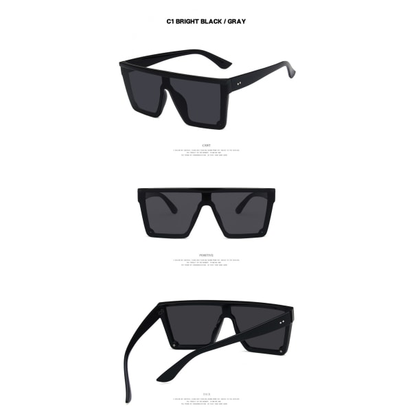 （Ljussvart helgrå）Dam Solglasögon herr Oversized fyrkantiga bågsolglasögon UV400 Solglasögon trend stor båge solglasögon i ett stycke nya män och