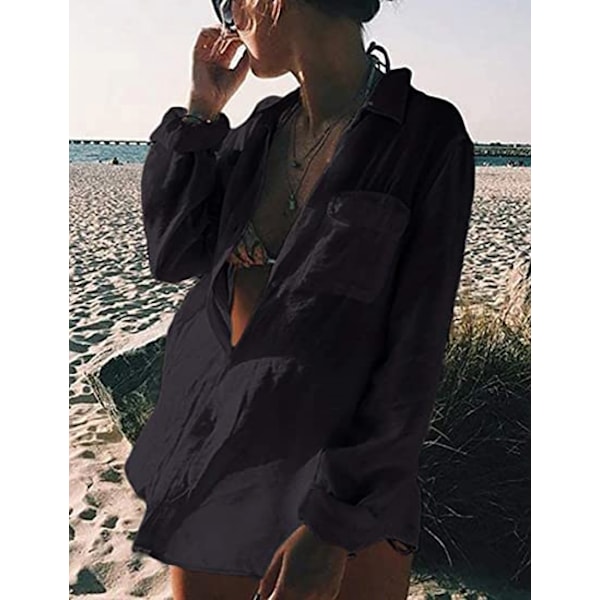 Kvinder Langærmet Strandskjorte Bluser Turn Down Krave Badetøj Cover Ups, G-sort