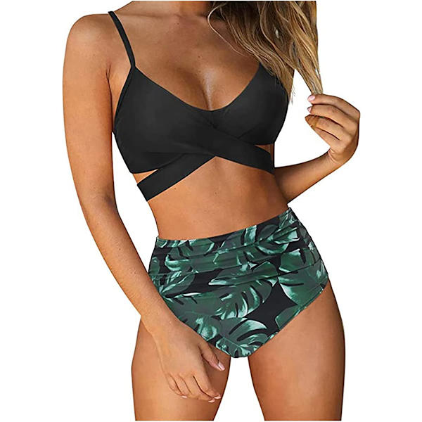 Naisten Wrap-Bikinisetti Push Up Korkea Vyötärö Kaksiosainen Uimapuku Halkaistu Käärmeennahka Print Uimapuku Uimiseen Vesiurheiluun (palmulehdet) S
