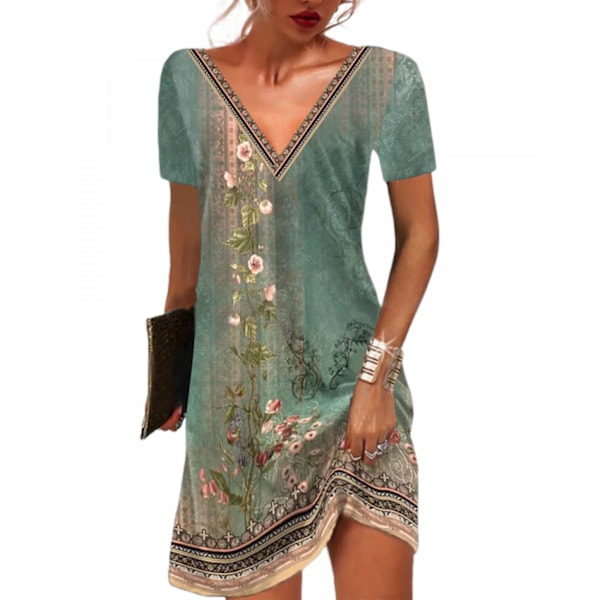 Kvinners sommerkjoler Floral V-hals Kort erme Tribal trykt Casual kjole Etnisk trykt kjoler(Grønn S)