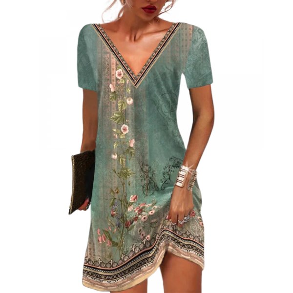 Women Summer Dresses Floral V-Neck Short Sleeve Tribal Printed Casual Dress Ethnic Printed Dresses(Green S)