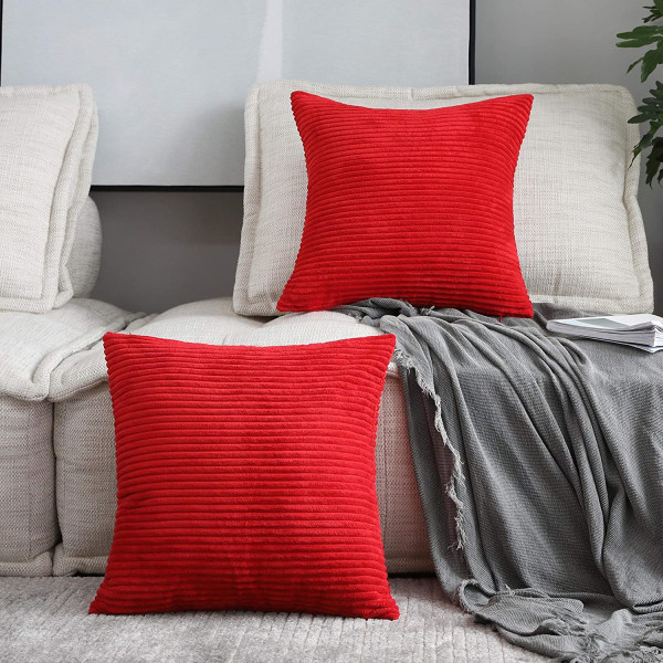Pudebetræk 18x18 Sæt med 2 Superbløde Fløjlstribede Moderne Dekorationshyndebetræk til Sofa Soveværelse, RØD, 45cm x 45cm