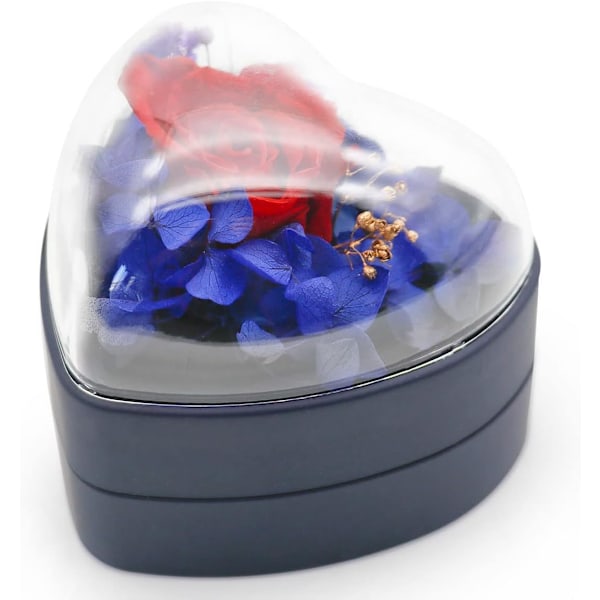 Konserverad blomma Ros Hjärtformad Sammet Ringbox - Romantisk Smyckesgåva för Alla hjärtans dag, Mors dag, Bröllop, Årsdag & Dark Blue