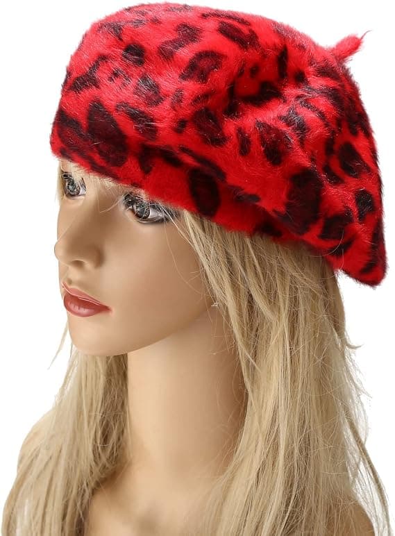Fluffy Leopard Print Beret Hat Trendy Cheetah Pattern Franske Hatte Vinter Varmt Kunstner Caps