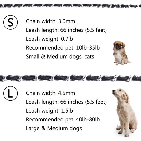 Tuggsäkert hundkoppel 5,5 fot kraftiga hundkoppel Metallkedjeledning för husdjur med mjukt rephandtag för medelstora hundar，S (10lb-35lb)
