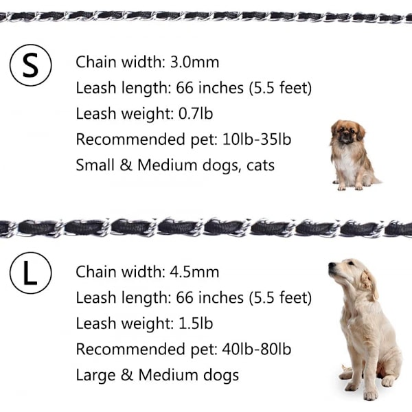 Tyggebestandig hundebånd 5,5 fot Heavy Duty hundebånd Metall kjæledyr kjedeledning med mykt tauhåndtak for mellomstore hunder, S (10lb-35lb)