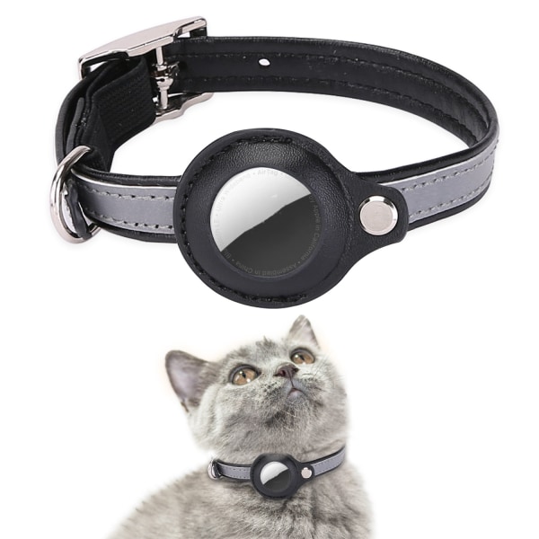 AirTag katthalsband, katthalsband med klockor, reflekterande GPS-katthalsband, katthalsband mot förlorad kattspår Justerbart katthalsband i läder (svart)