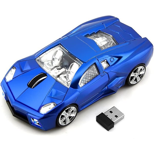 Bilmus trådlös 2,4 GHz, cool 3D sportbilsformad mus optisk möss 1600 dpi med USB-mottagare lämplig för PC/dator/bärbar dator (blå)
