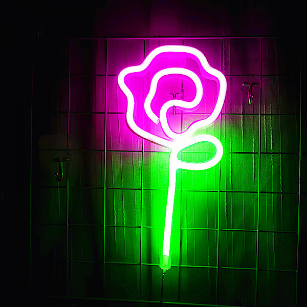 Neonrosa rosblomma neon skylt USB/batteridriven nattlampa LED väggskylt väggkonst för nattlampor lys upp skyltar（rosa）