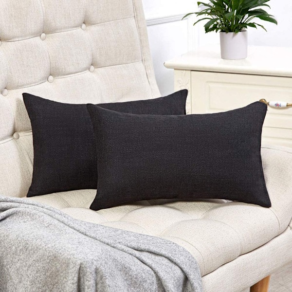 Set med 2 sorte korsryggputer i rustikt lin, dekorative pynteputer 12x20 tommer for sofa- og sofadekorasjon