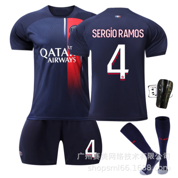 23-24 Paris Home set för barn med strumpor och skydd-nr 4 SERGIO RAMOS#L No.4 SERGIO RAMOS #L