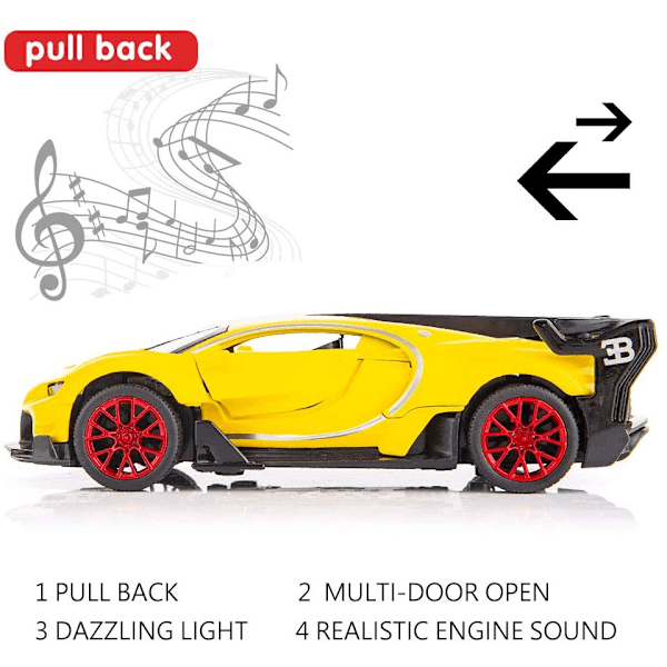 Bugatti Vision GT Superbil 1/32 Zink Legering Die Casting Træk Tilbage Bil Model Legetøj Lyd og Lys til Dreng Pige Gave (Gul)