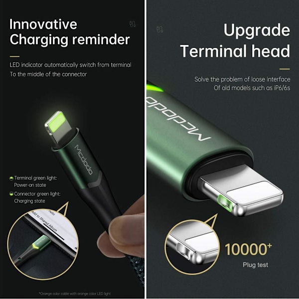 USB-Lightning iPhone -datakaapeli ja latauskaapeli, tukee nopeaa latausta ja datan synkronointia (Vihreä, 1,2 m), Nylonpunottu, USB-A, Yhteensopiva