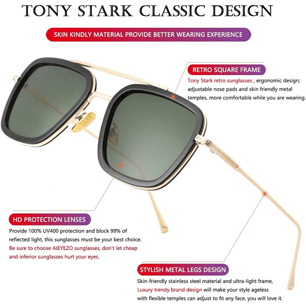 Solglasögon Vintage fyrkantig metallram Glasögon för män och kvinnor - Iron Man och Spiderman solglasögon